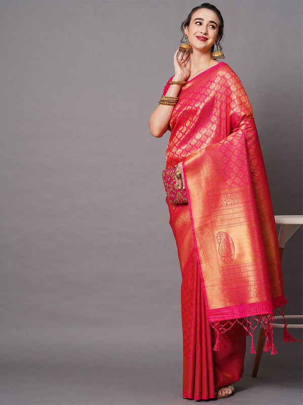 Women's Red Festive Silk Blend Woven Design Saree With Unstitched Blouse - Odette