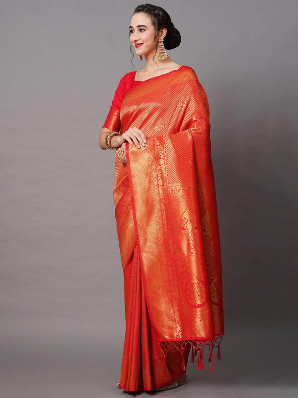 Women's Red Festive Silk Blend Woven Design Saree With Unstitched Blouse - Odette