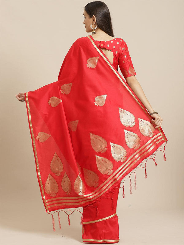 Women's Red Festive Silk Blend Woven Saree With Unstitched Blouse - Odette