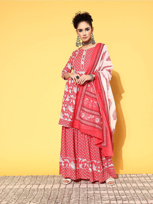 Women's Red Floral Printed Cotton Kurta Set - Odette