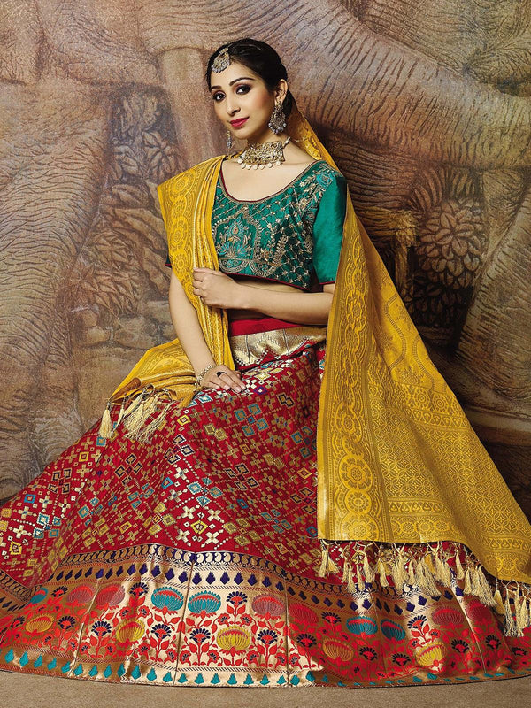 Women's Red Jacquard Weaved Silk Designer Lehenga Choli - Odette