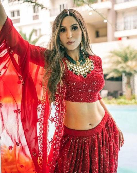 Women's Red Lehenga Styled With Sequince And Thread Embroidery Work - Odette