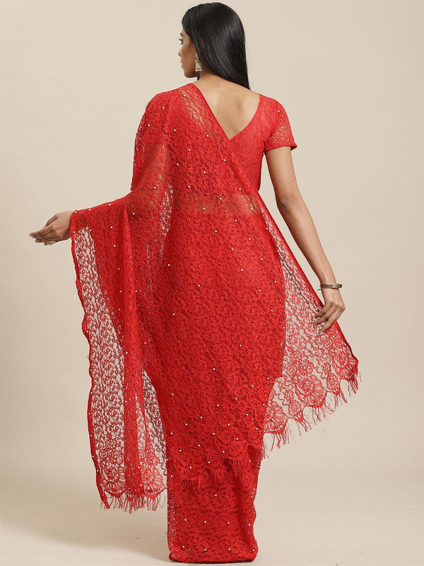 Women's Red Party Wear Net(Super Net) Solid Saree With Unstitched Blouse - Odette