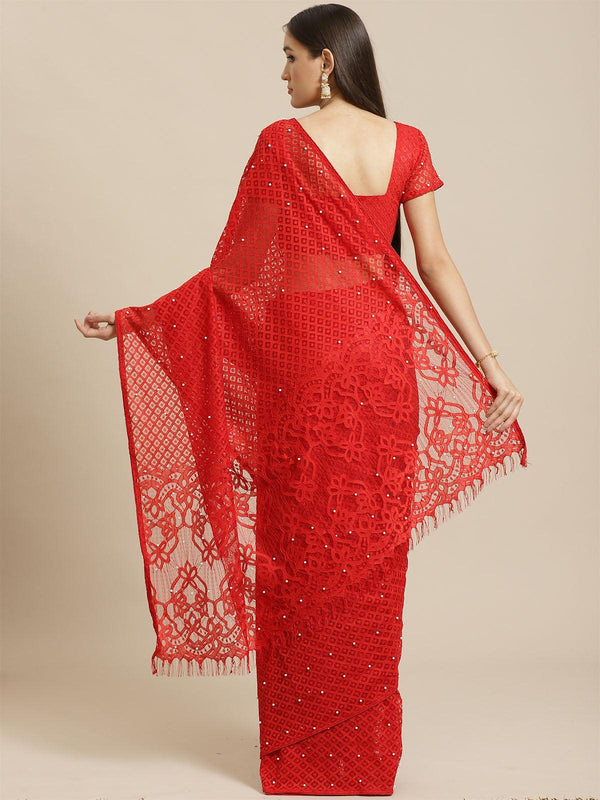 Women's Red Party Wear Net(Super Net) Solid Saree With Unstitched Blouse - Odette