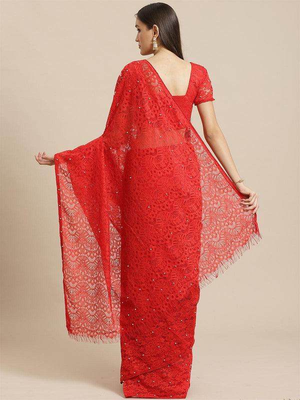 Women's Red Party Wear Net(Super Net) Solid Saree With Unstitched Blouse - Odette