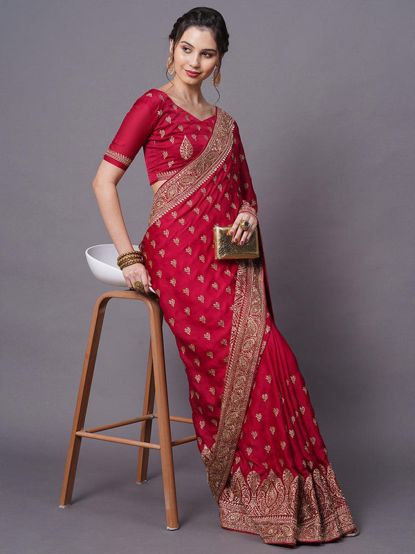 Women's Red Party Wear Satin Chiffon Embellished Saree With Unstitched Blouse - Odette