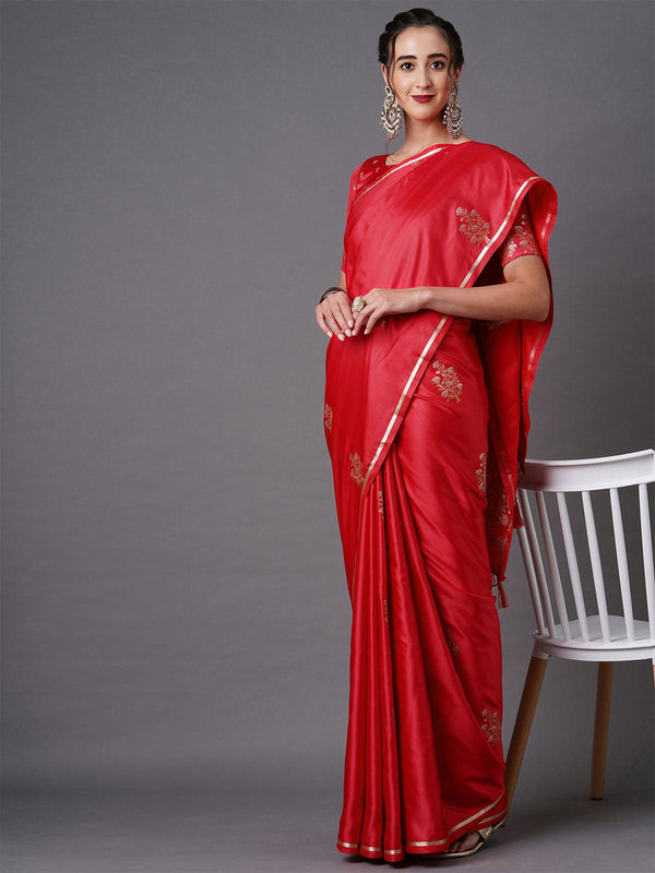 Women's Red Party Wear Silk Blend Woven Design Saree With Unstitched Blouse - Odette