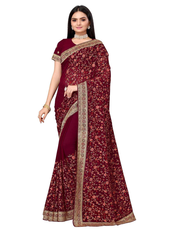 Women's Red Poly Georgette Embroidered Saree With Blouse - Odette