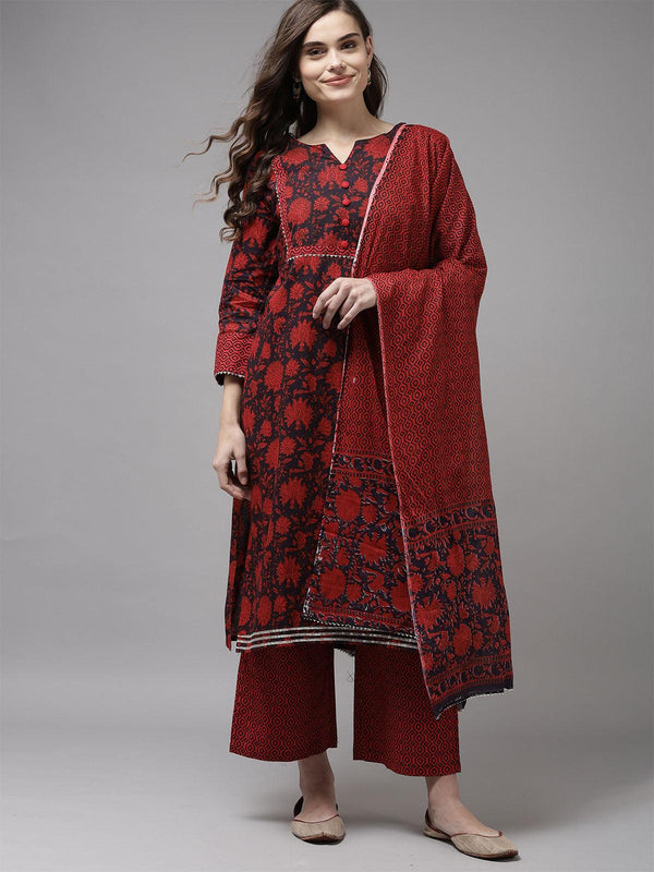 Women's Red Printed A-Line Kurta Trouser With Dupatta Set - Odette