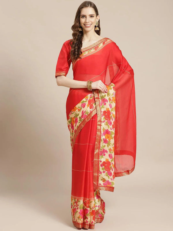 Red Printed Chiffon Saree - Jashvi