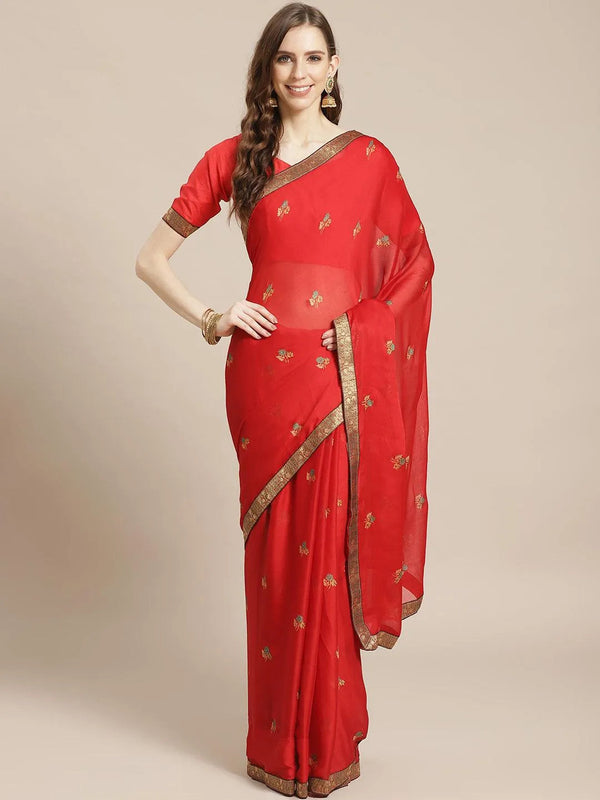 Red Printed Chiffon Saree - Jashvi