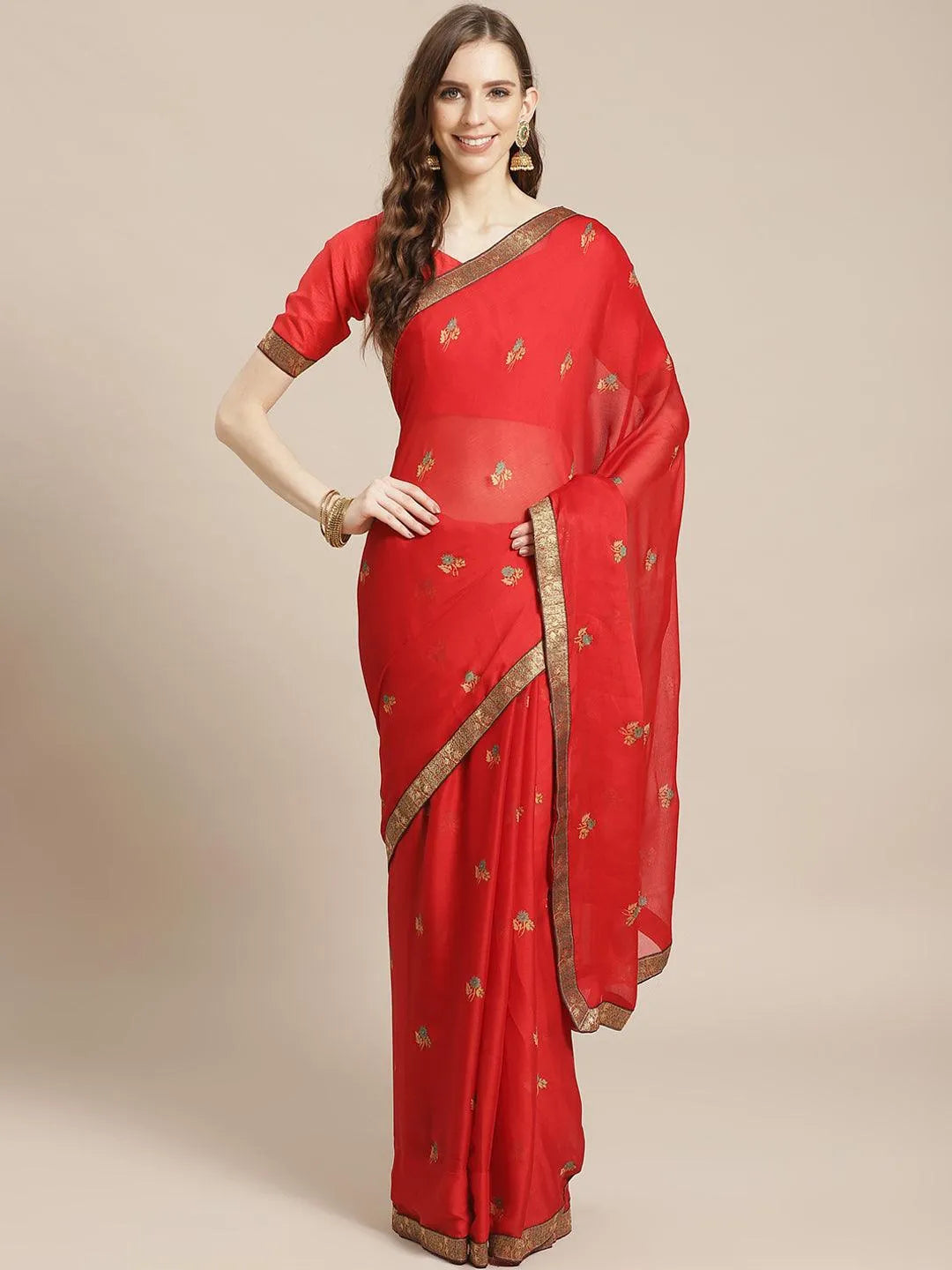 Red Printed Chiffon Saree - Jashvi