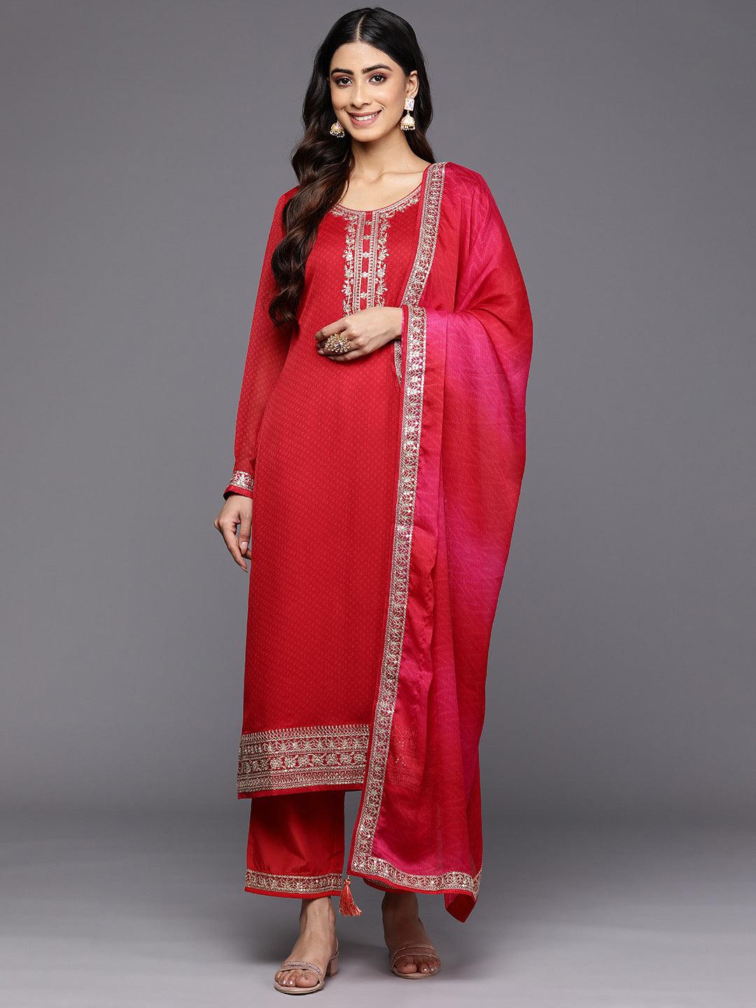 Red Printed Chiffon Straight Suit Set With Trousers - Jashvi