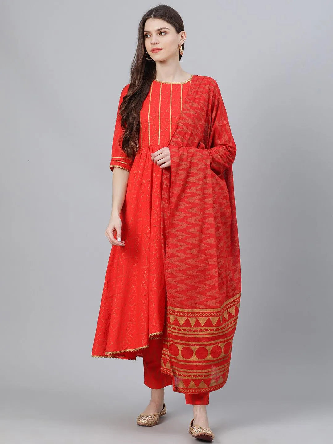 Red Printed Cotton Suit Set - Jashvi