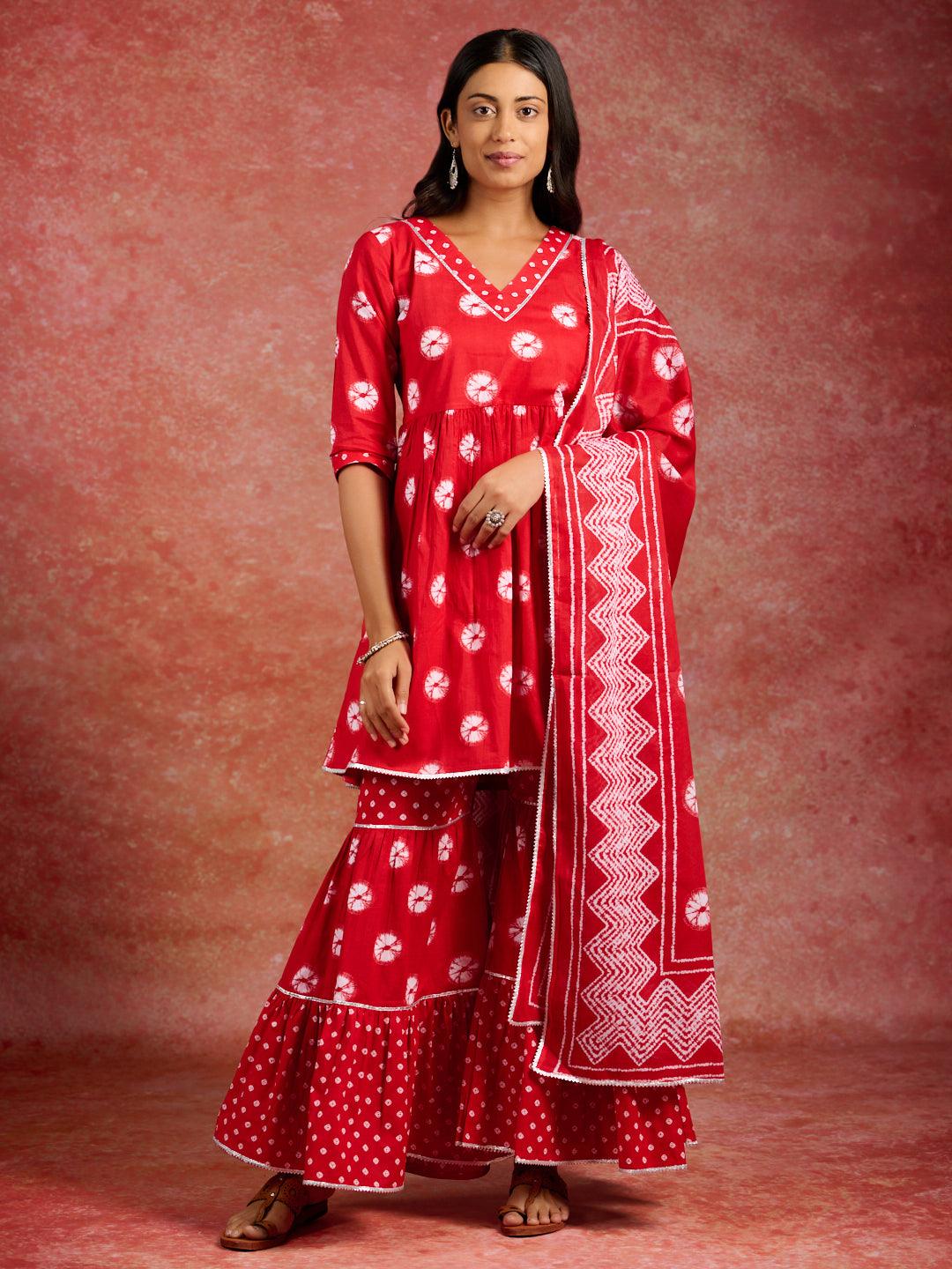 Red Printed Cotton A-Line Kurti With Sharara & Dupatta - Jashvi