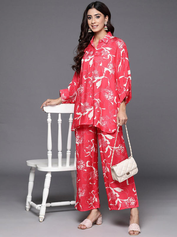 Red Printed Cotton Blend Shirt With Palazzos - Jashvi