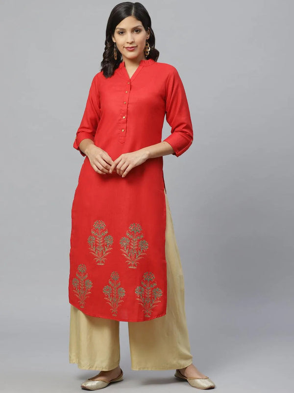 Red Printed Cotton Kurta - Jashvi