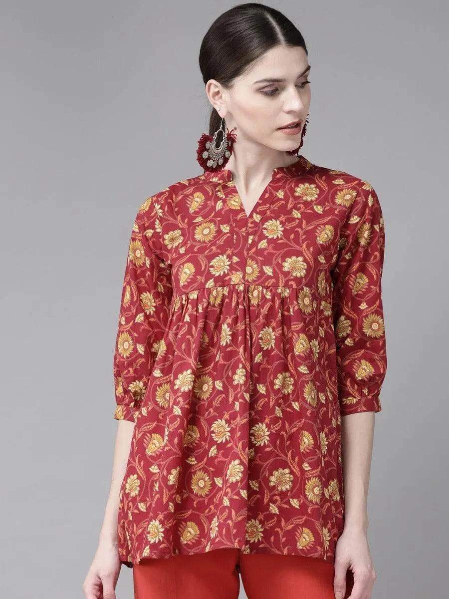 Red Printed Cotton Kurti - Jashvi