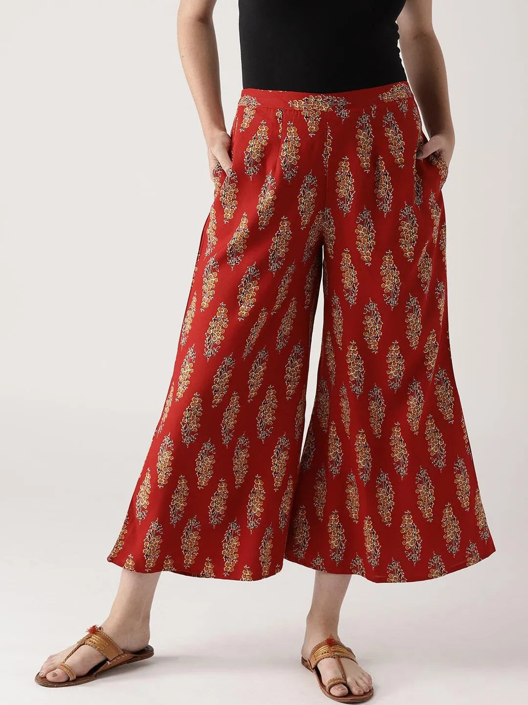 Red Printed Cotton Palazzos - Jashvi