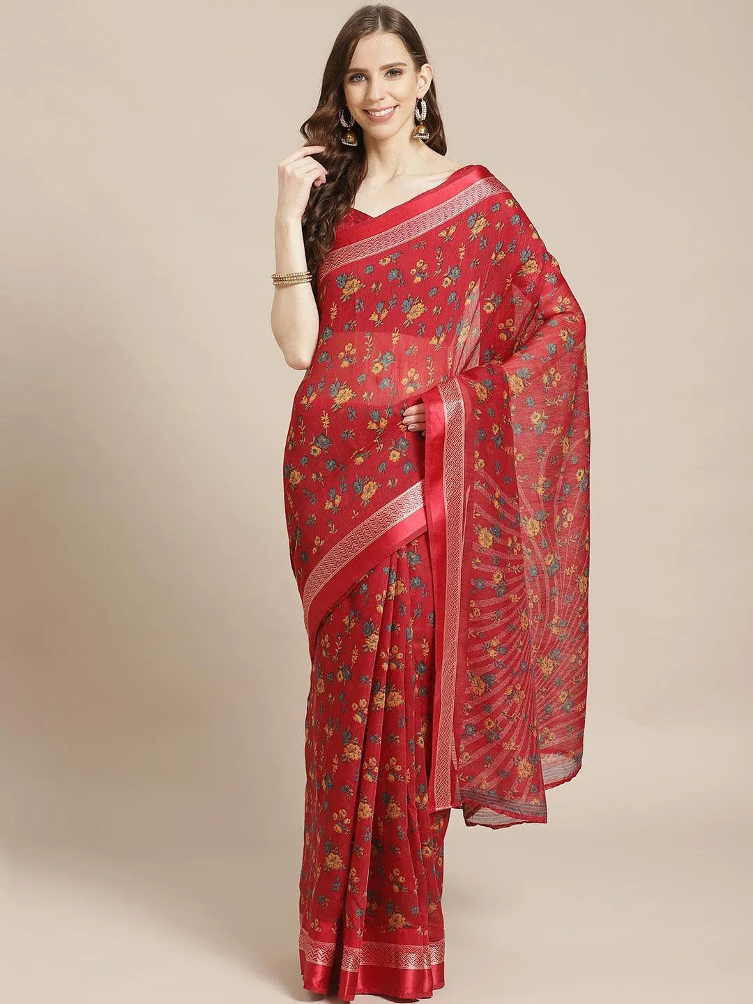 Red Printed Cotton Saree - Jashvi