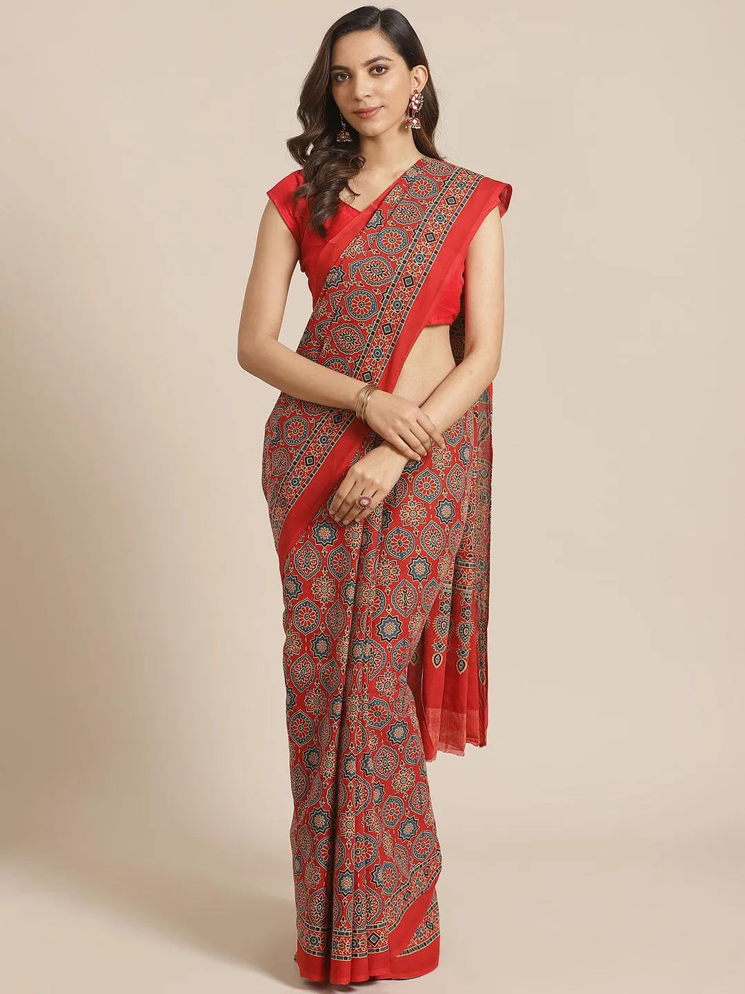 Red Printed Cotton Saree - Jashvi