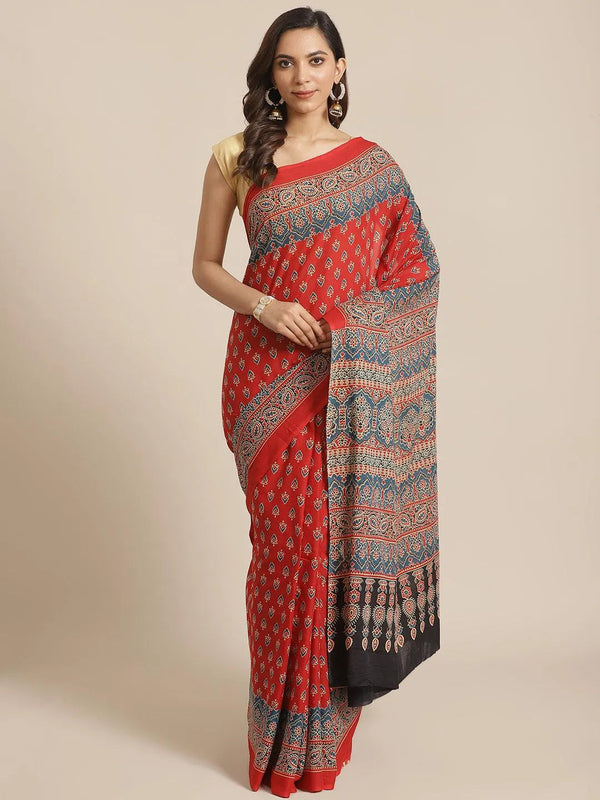 Red Printed Cotton Saree - Jashvi