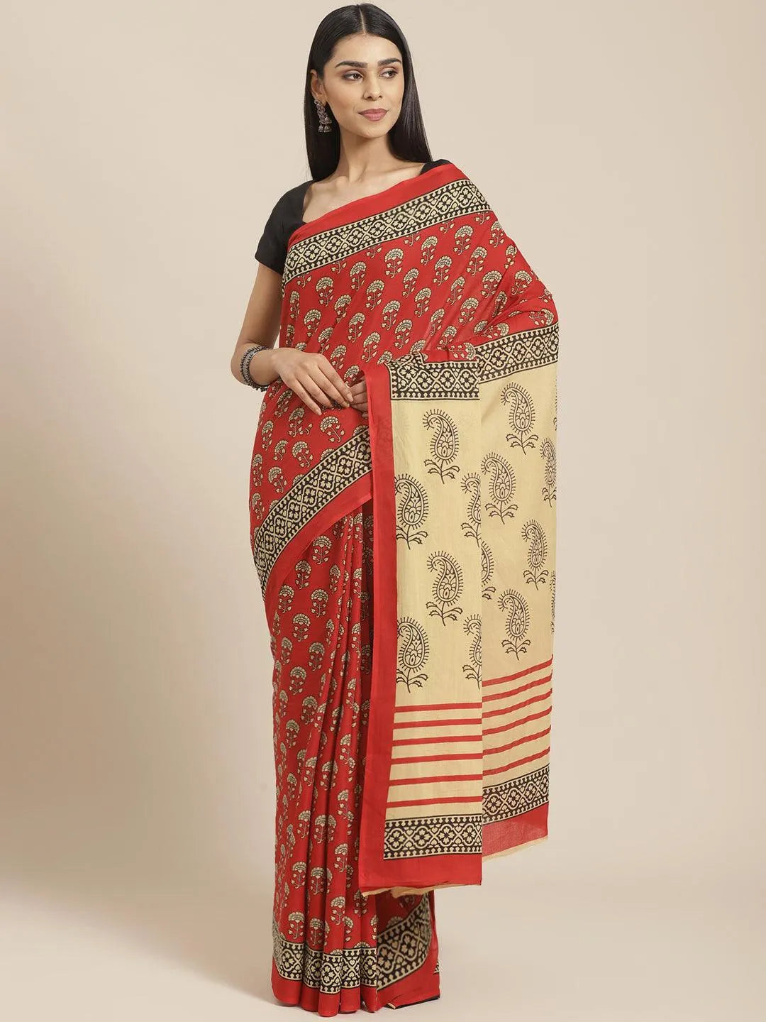 Red Printed Cotton Saree - Jashvi