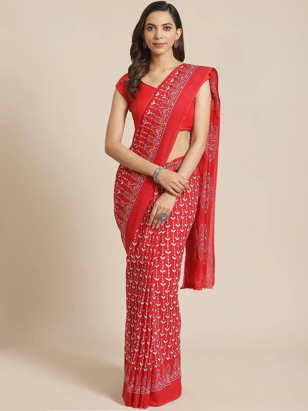 Red Printed Cotton Saree - Jashvi