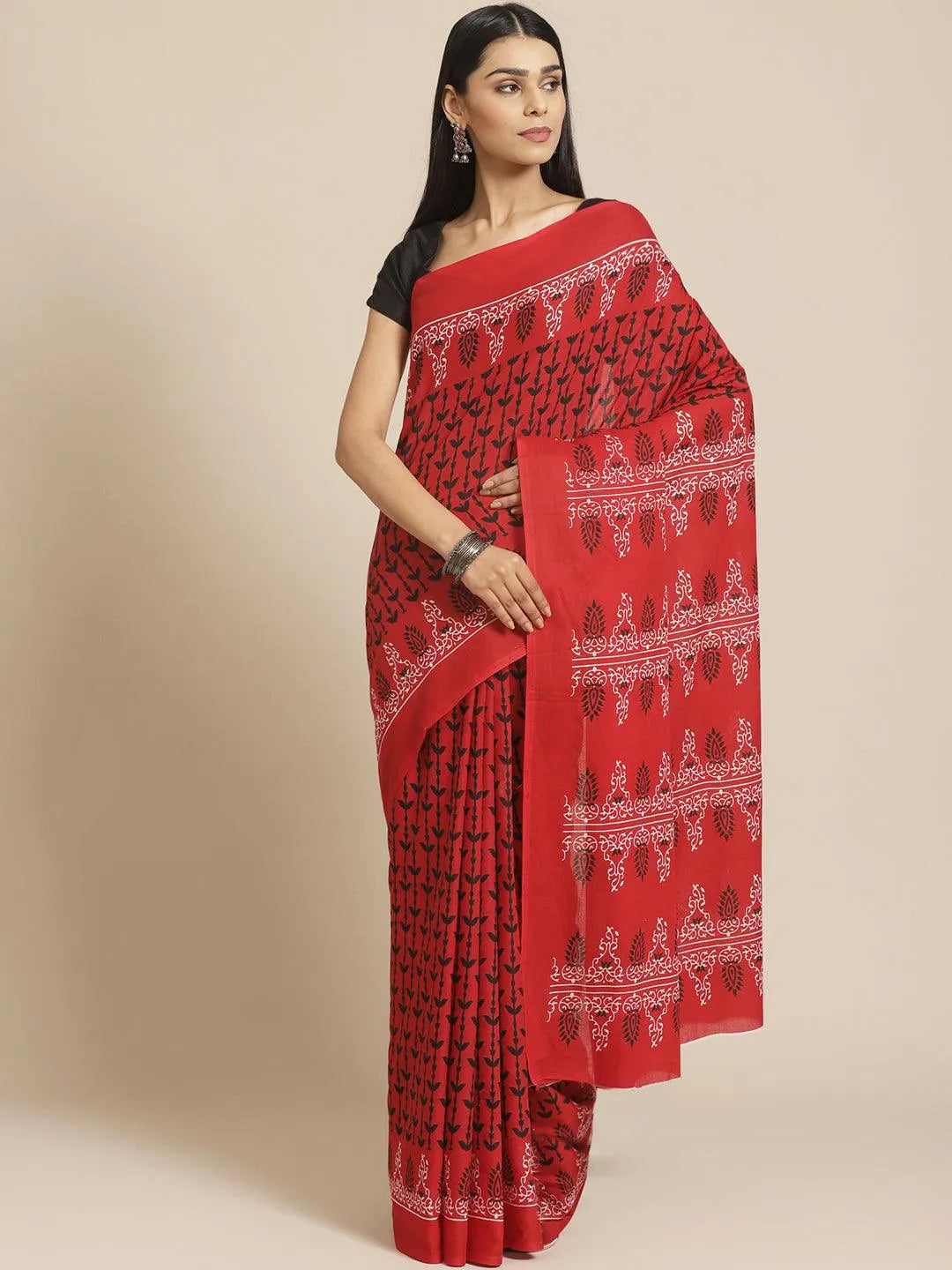 Red Printed Cotton Saree - Jashvi