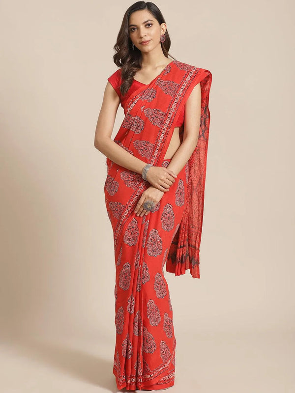 Red Printed Cotton Saree - Jashvi