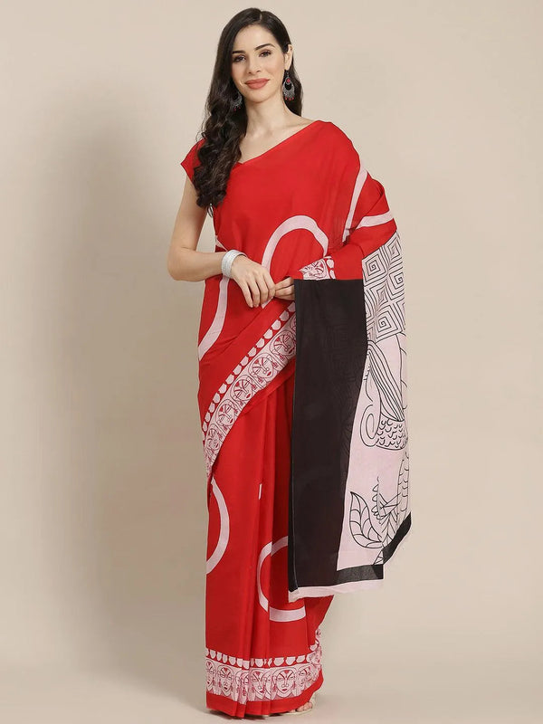 Red Printed Cotton Saree - Jashvi