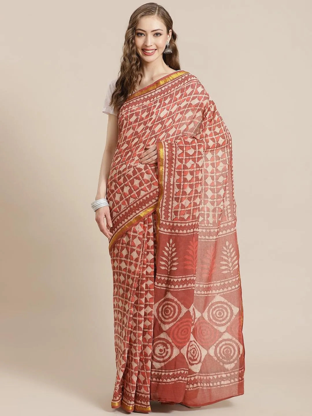 Red Printed Cotton Saree - Jashvi