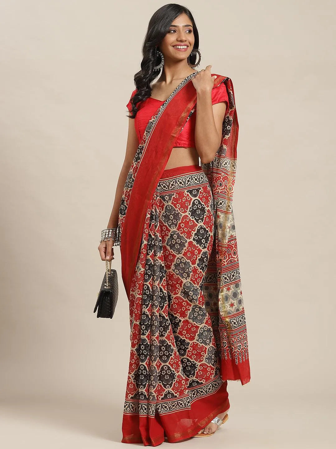 Red Printed Cotton Saree - Jashvi