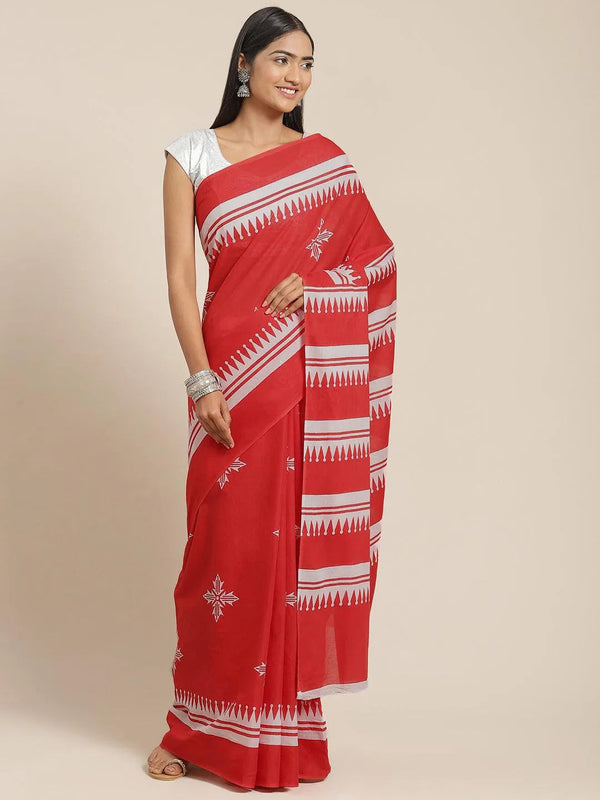 Red Printed Cotton Saree - Jashvi