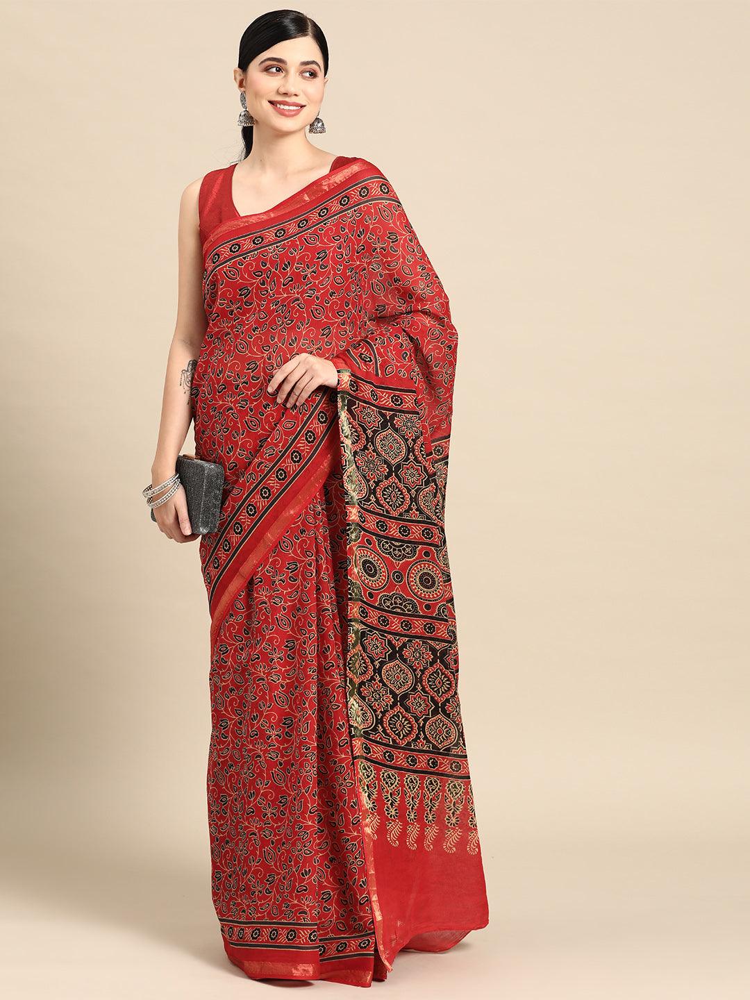 Red Printed Cotton Saree - Jashvi