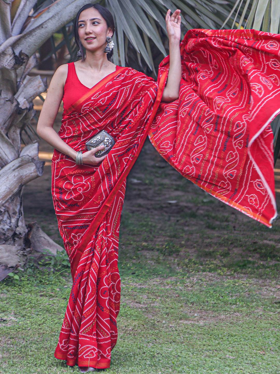 Red Printed Cotton Saree - Jashvi