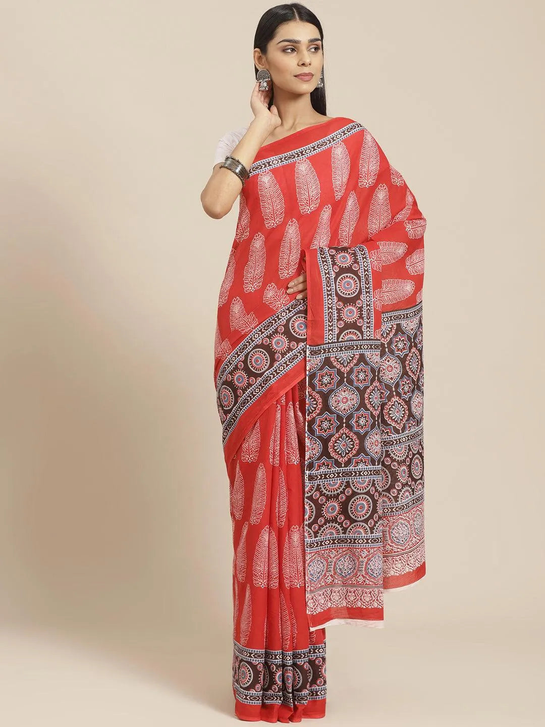 Red Printed Cotton Saree - Jashvi