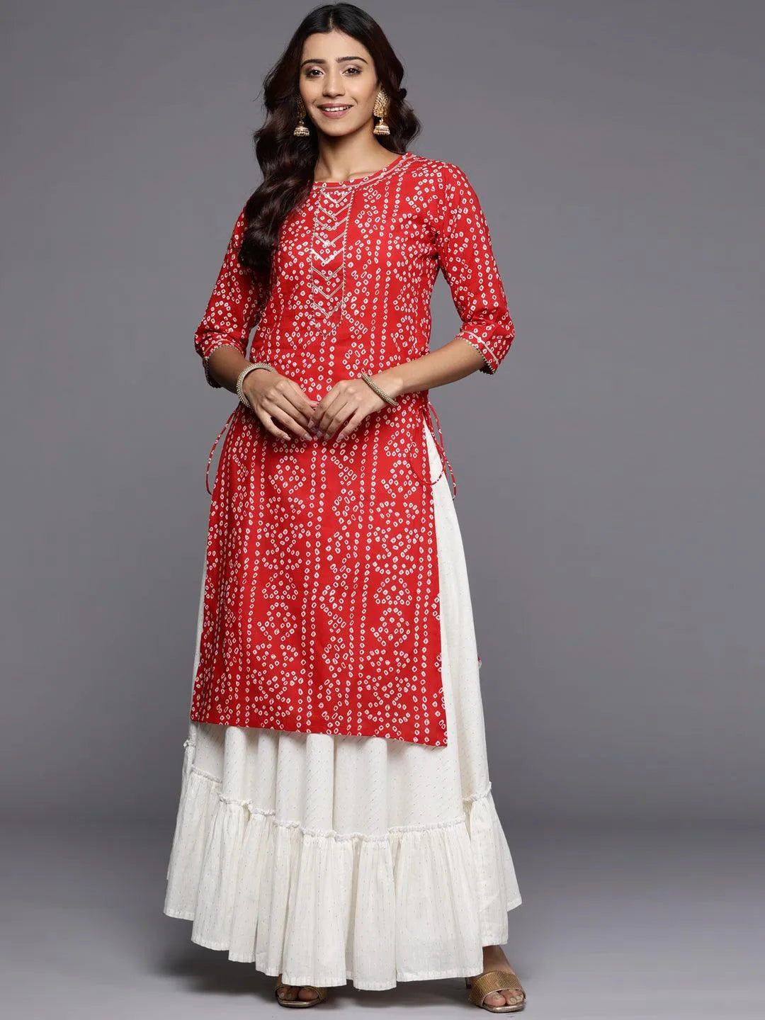 Red Printed Cotton Straight Kurta - Jashvi