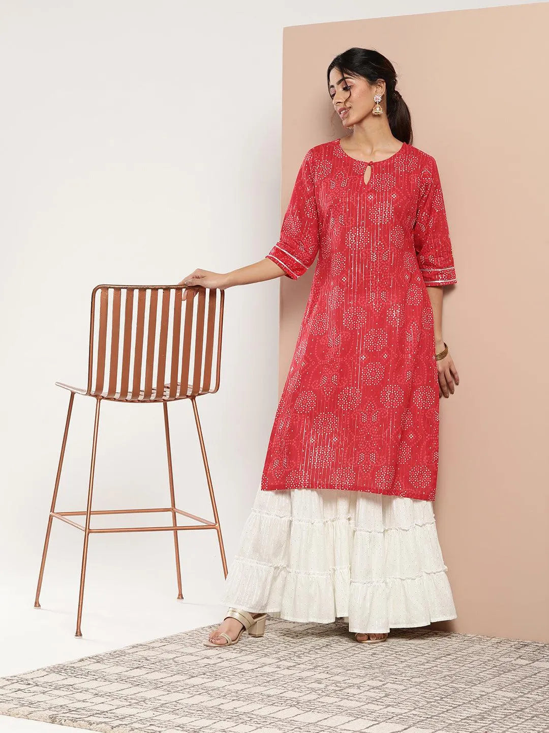 Red Printed Cotton Straight Kurta - Jashvi