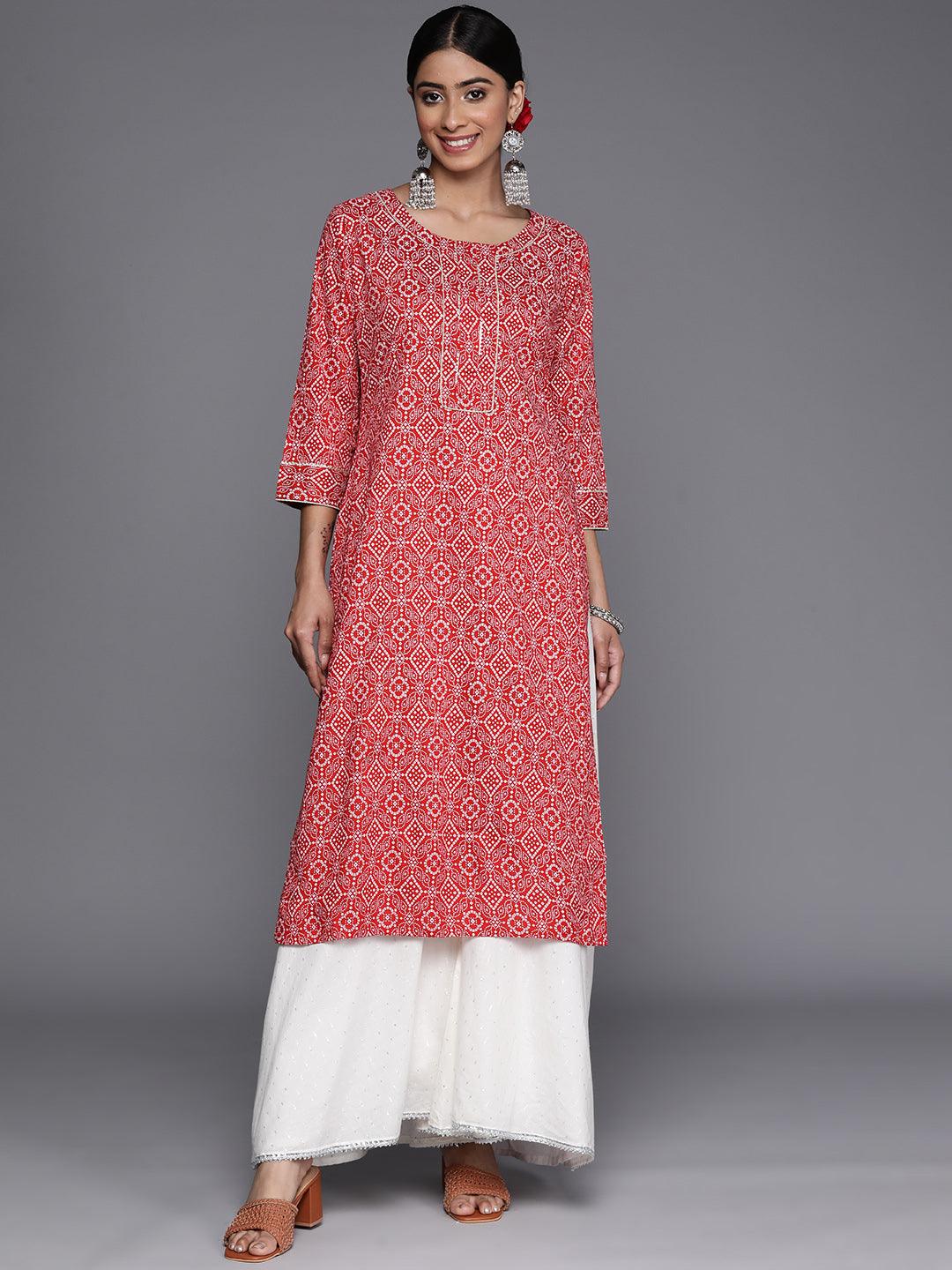 Red Printed Cotton Straight Kurta - Jashvi