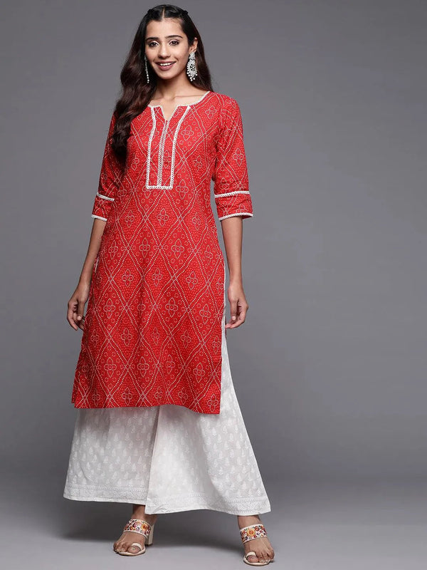 Red Printed Cotton Straight Kurta - Jashvi