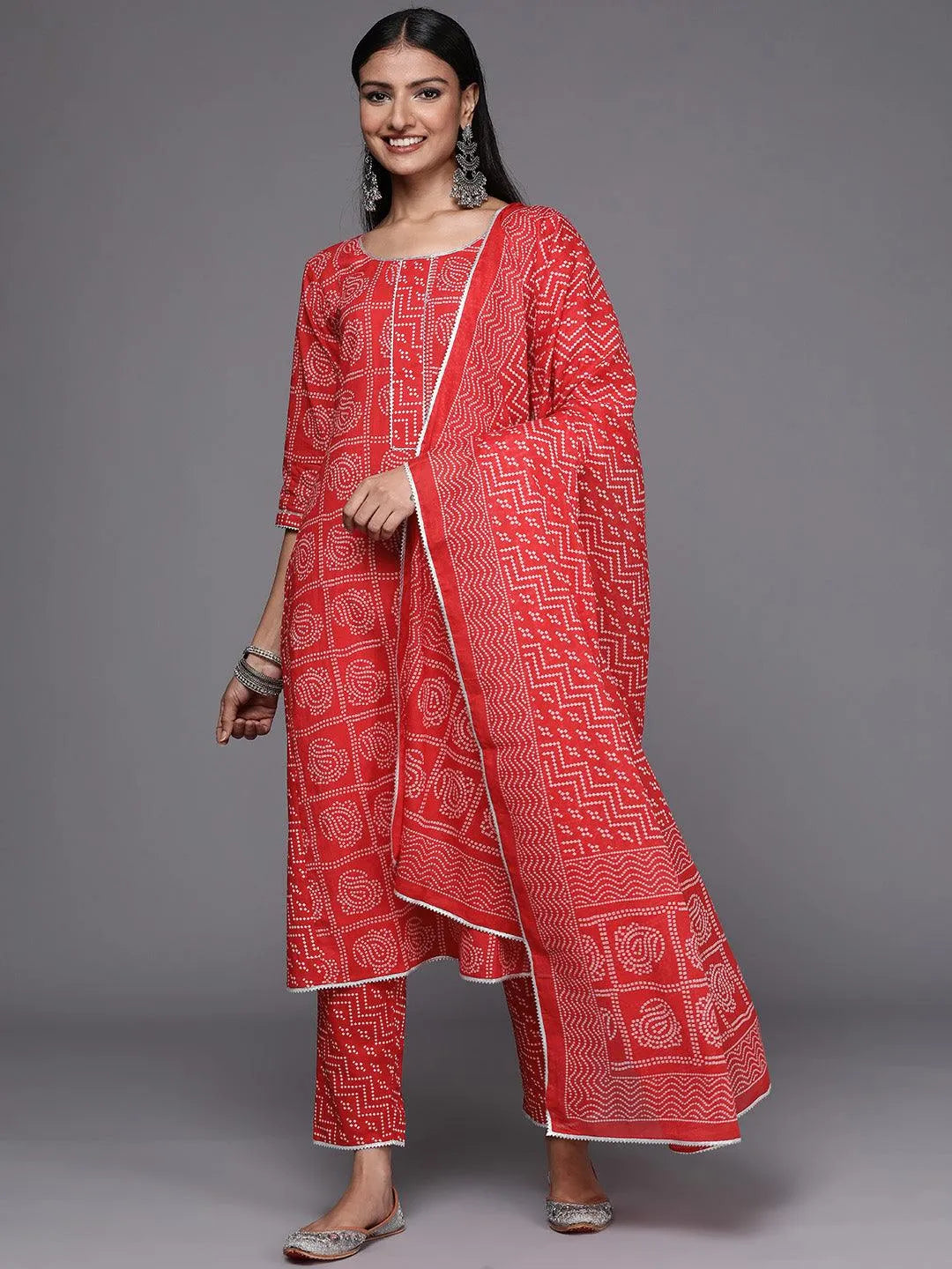 Red Printed Cotton Straight Suit Set - Jashvi