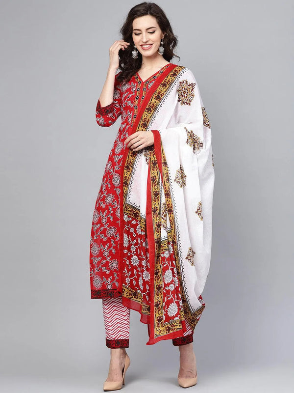 Red Printed Cotton Suit Set - Jashvi