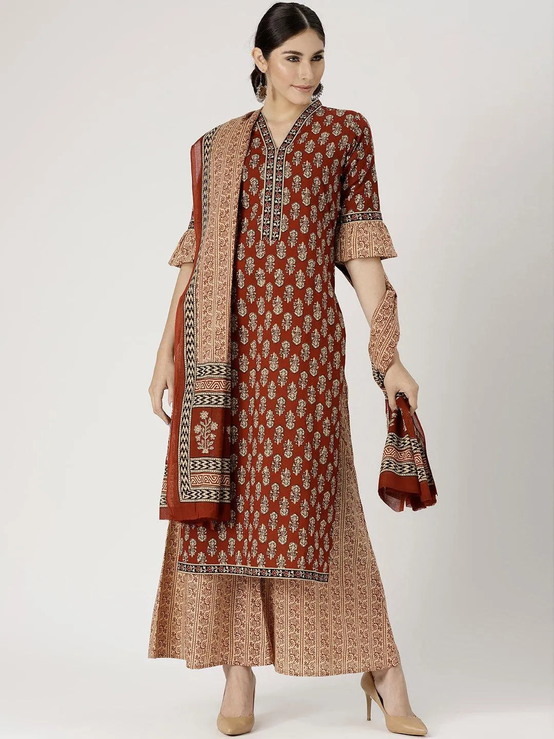 Red Printed Cotton Suit Set - Jashvi