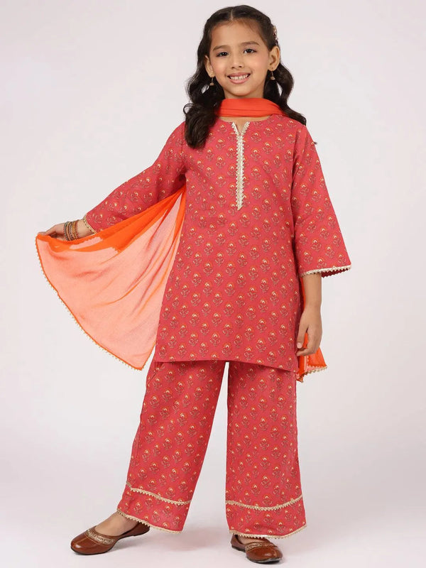 Red Printed Cotton Straight Suit Set - Jashvi