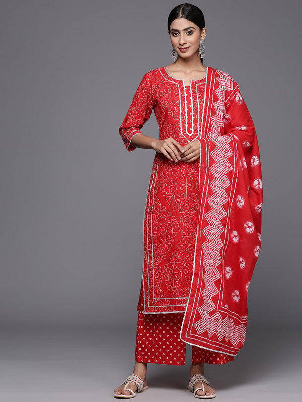 Red Printed Cotton Straight Kurta With Palazzos & Dupatta - Jashvi