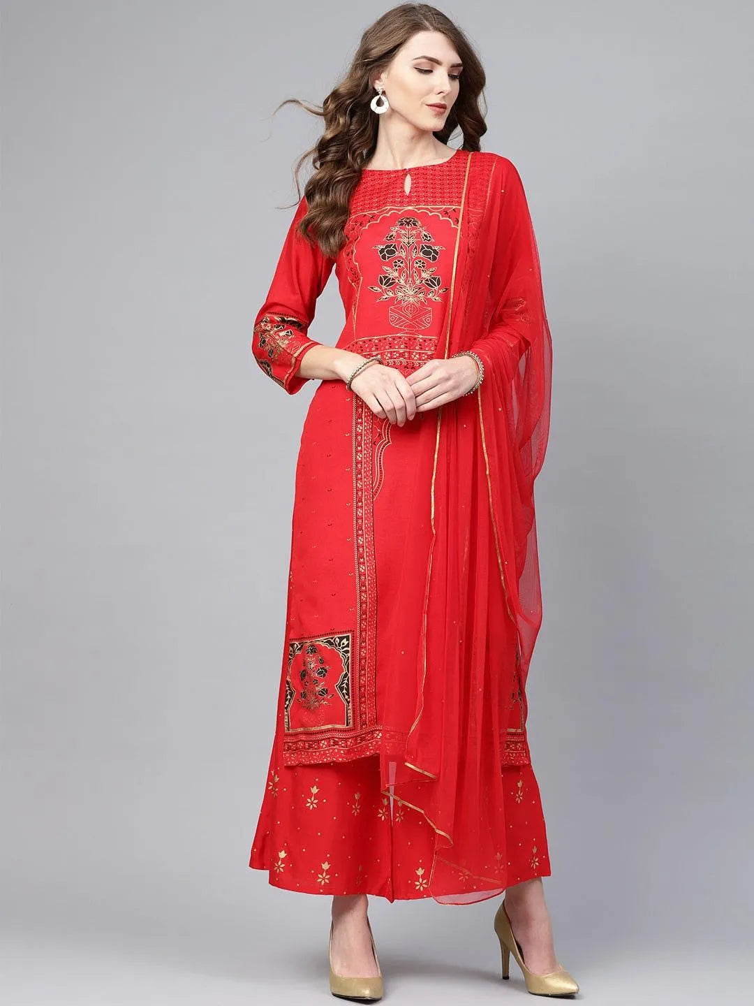 Red Printed Cotton Suit Set - Jashvi