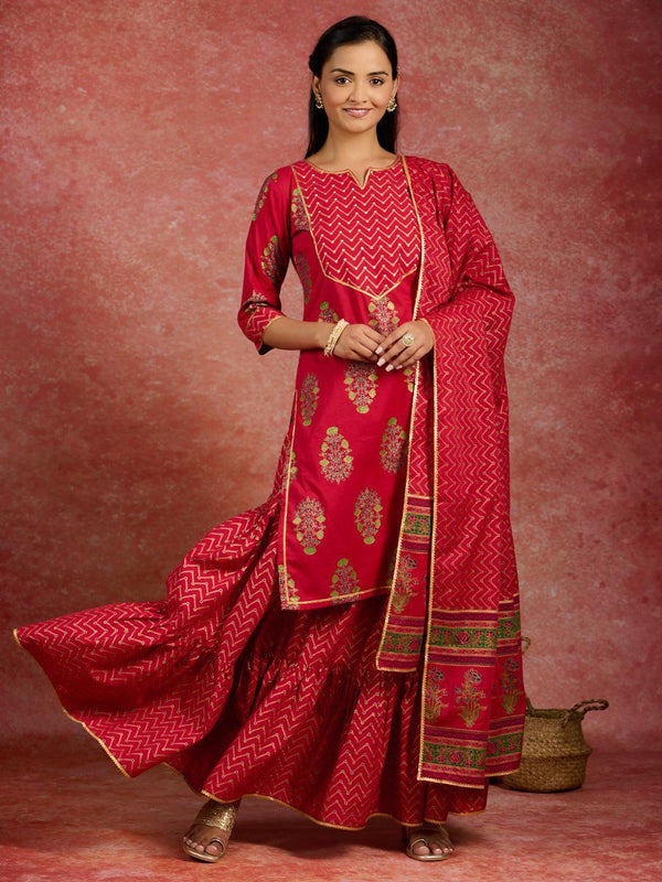 Red Printed Cotton Straight Kurta With Skirt & Dupatta - Jashvi