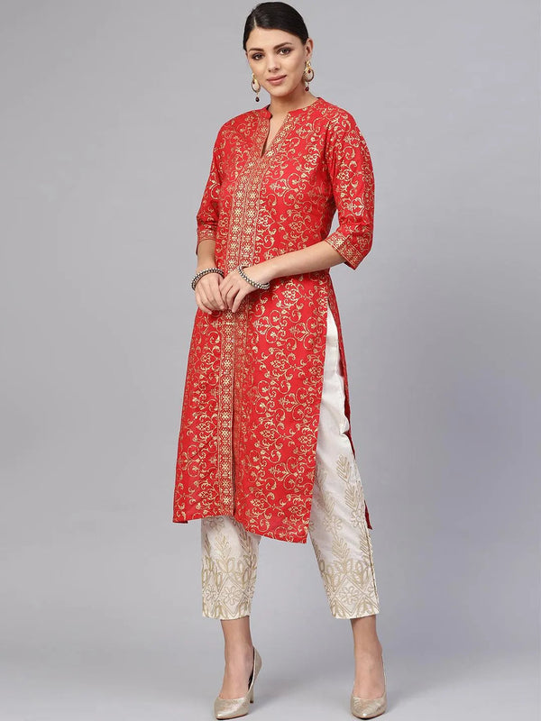 Red Printed Cotton Kurta Set - Jashvi