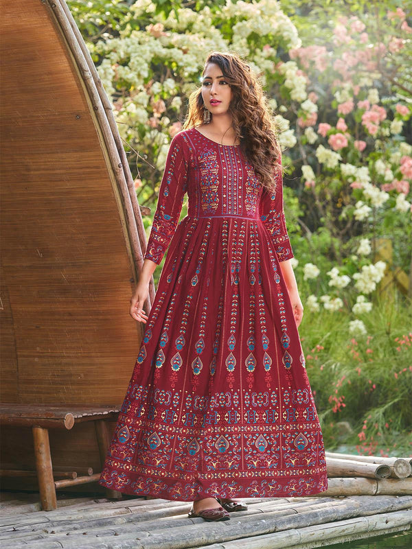 Women's Red Printed Floor Length Kurti - Odette